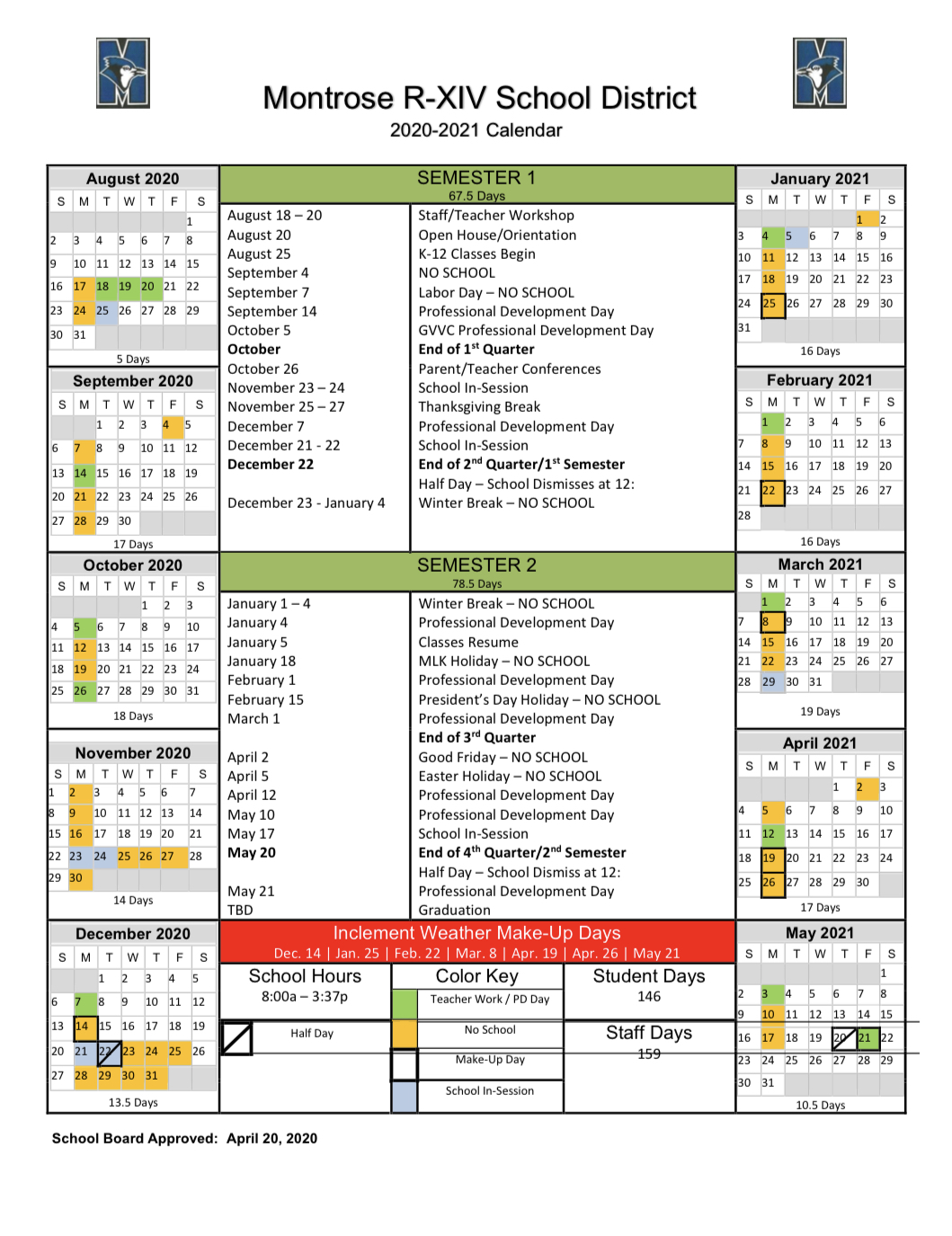 Montrose School District Calendar 2020 and 2021 - PublicHolidays.us